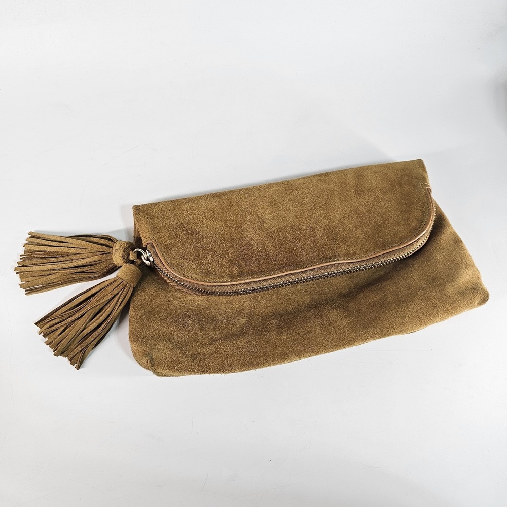 Barneys New York Foldover Pouch Suede Clutch Boho Suede 100% Leather Brown Zip